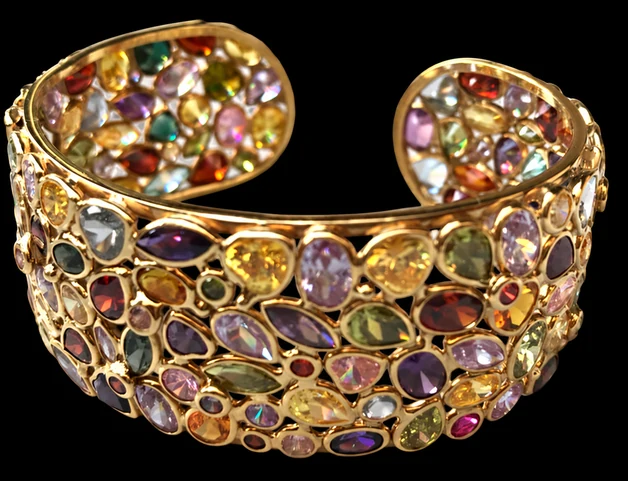 Bracelet large de Spinelle aux multiples pierres colorées, photographié sur fond noir